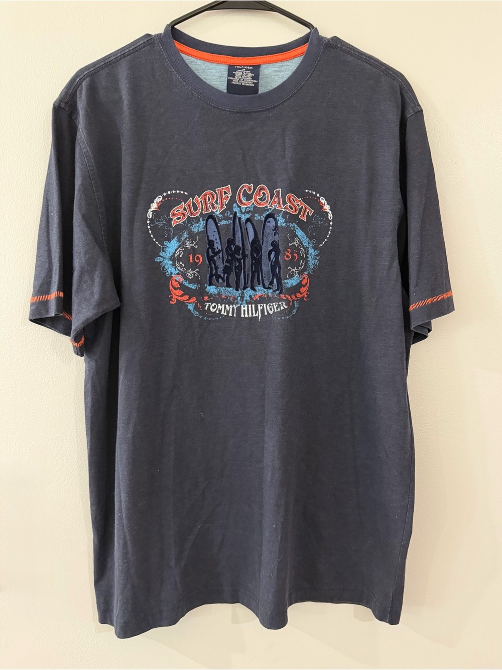 Tommy Hilfiger Navy Blue Velvet Graphic T-Shirt with Orange Trim Cotton Men's